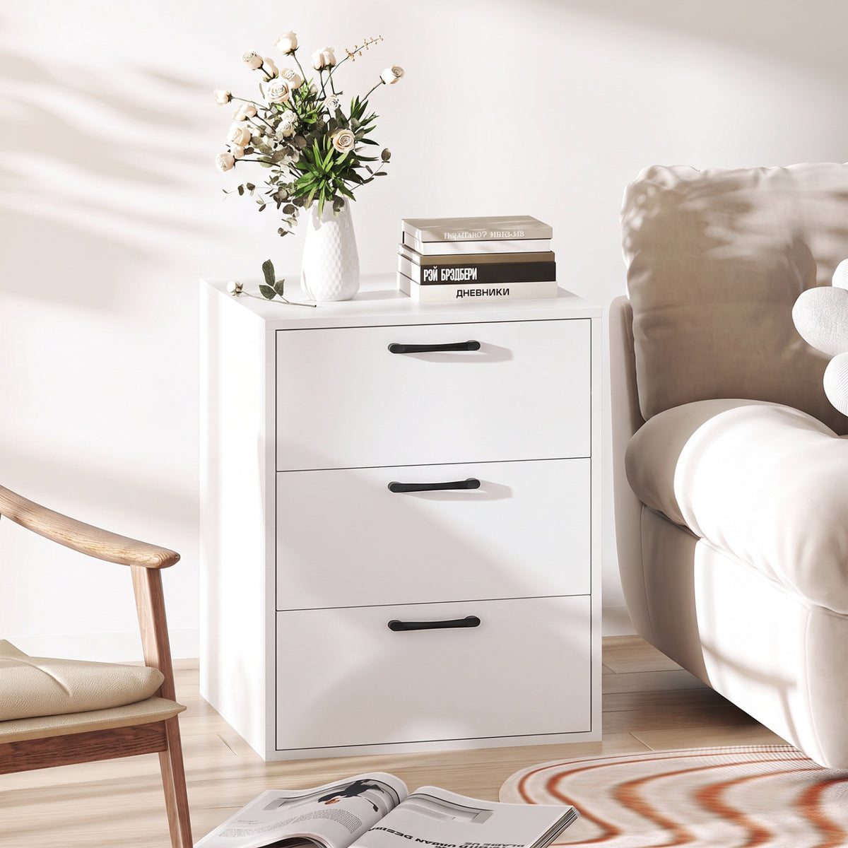 3 Drawer Nightstand with Wood Grain Finish and Storage for Living Room Bedroom Study