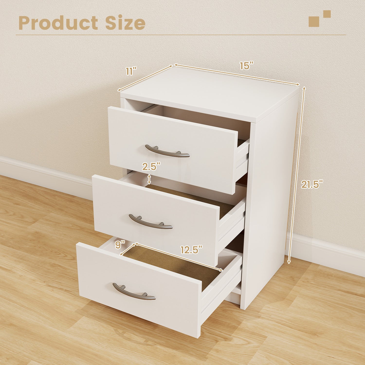 3 Drawer Nightstand with Storage for Living Room-White