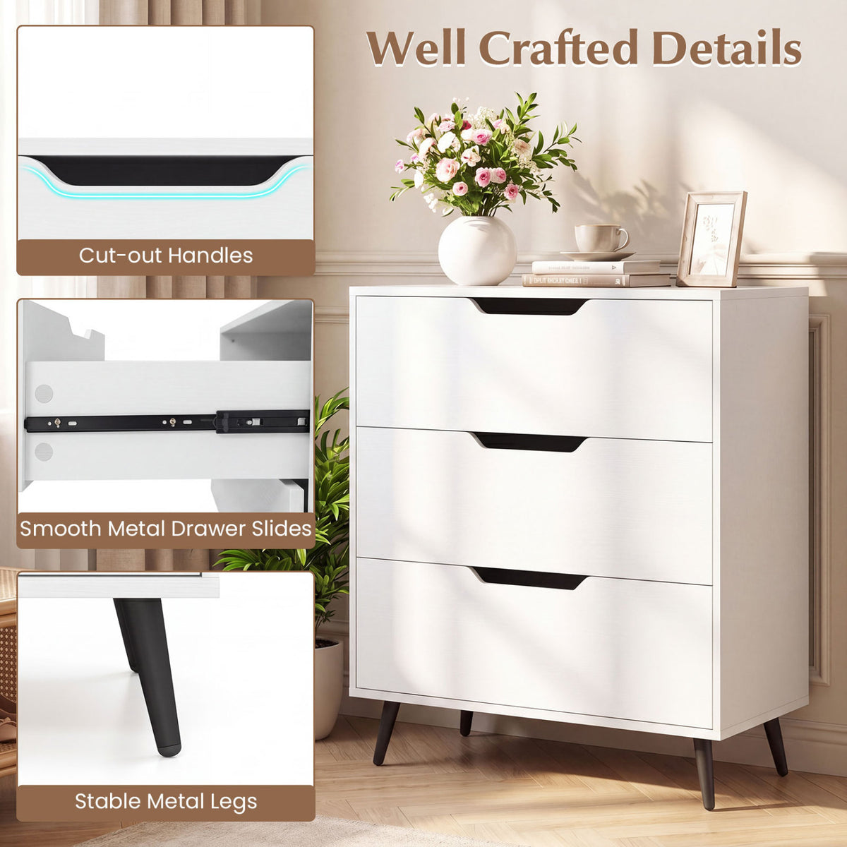 3-Drawer Rustic Farmhouse Wooden Storage Dresser