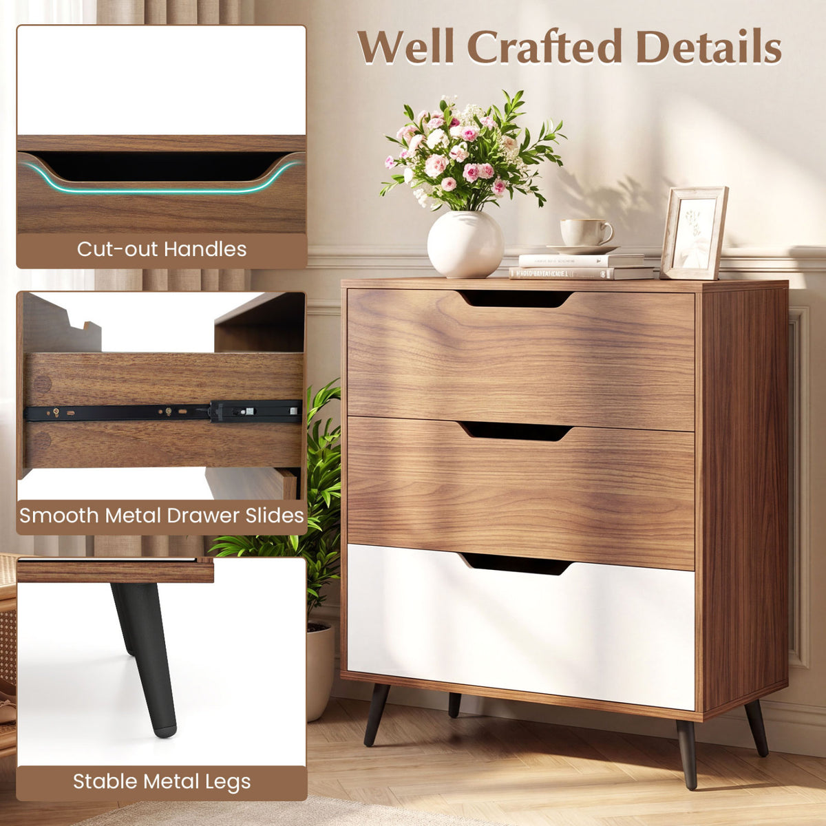 3-Drawer Rustic Farmhouse Wooden Storage Dresser