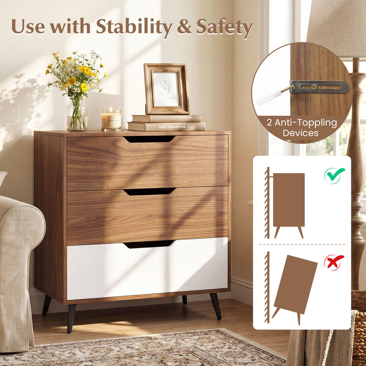 3-Drawer Rustic Farmhouse Wooden Storage Dresser
