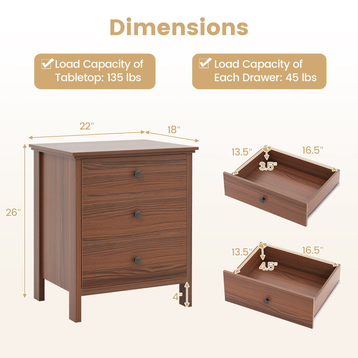 3-Drawer Wooden Nightstand Modern Bedside Table