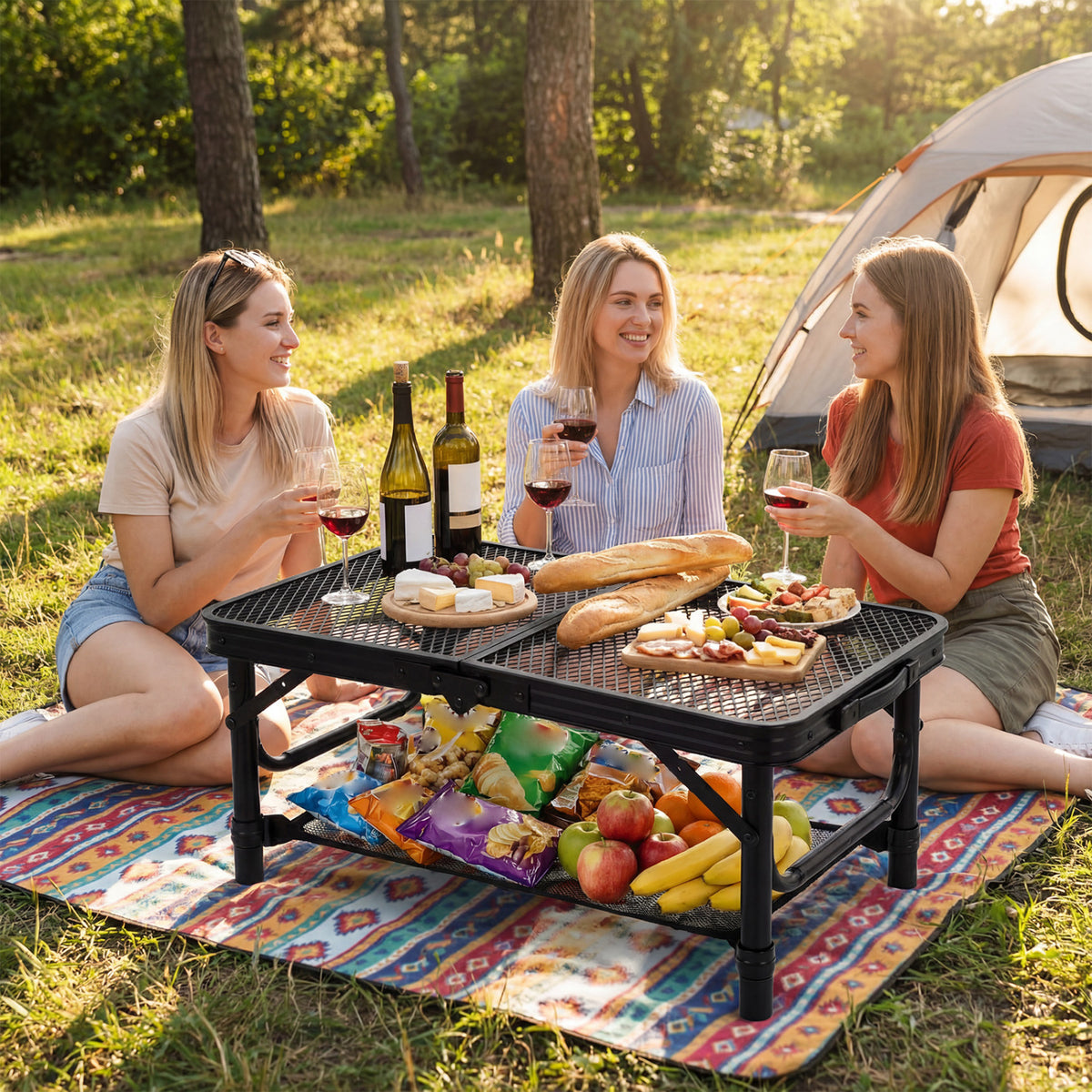 3-Height Folding Picnic Table with Large Storage Net and Handle-Black