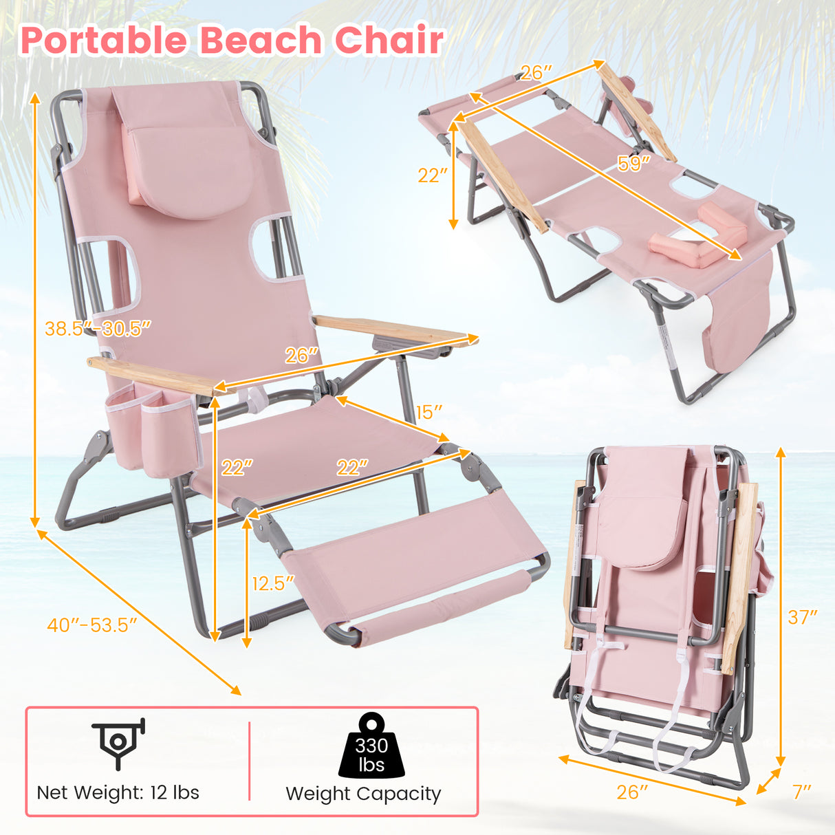 3-IN-1 Foldable Beach Chair with Footrest and Adjustable Backrest