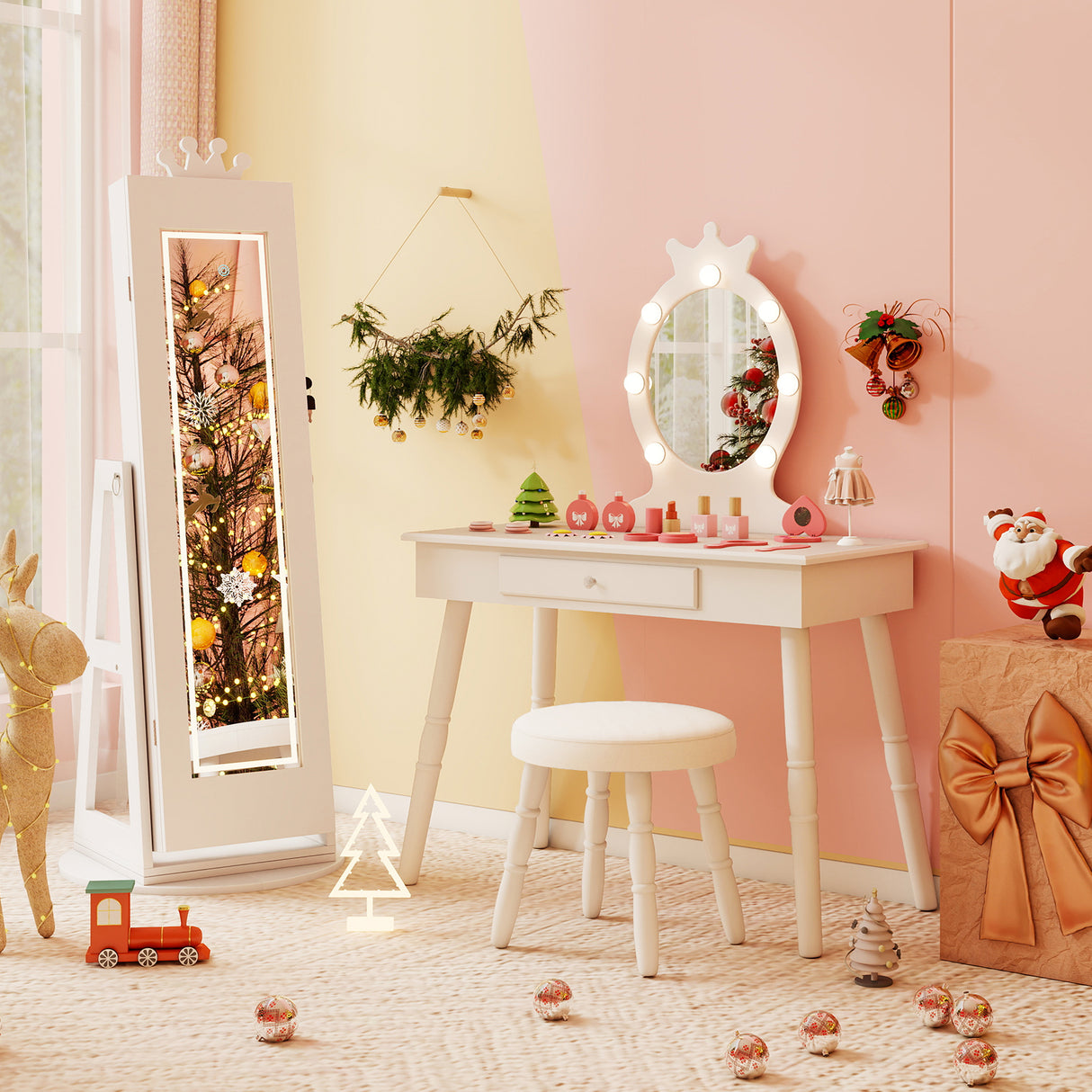 3 In 1 Kids Jewelry Cabinet with 3-Color Lighted Full Length Mirror and Internal Mirror