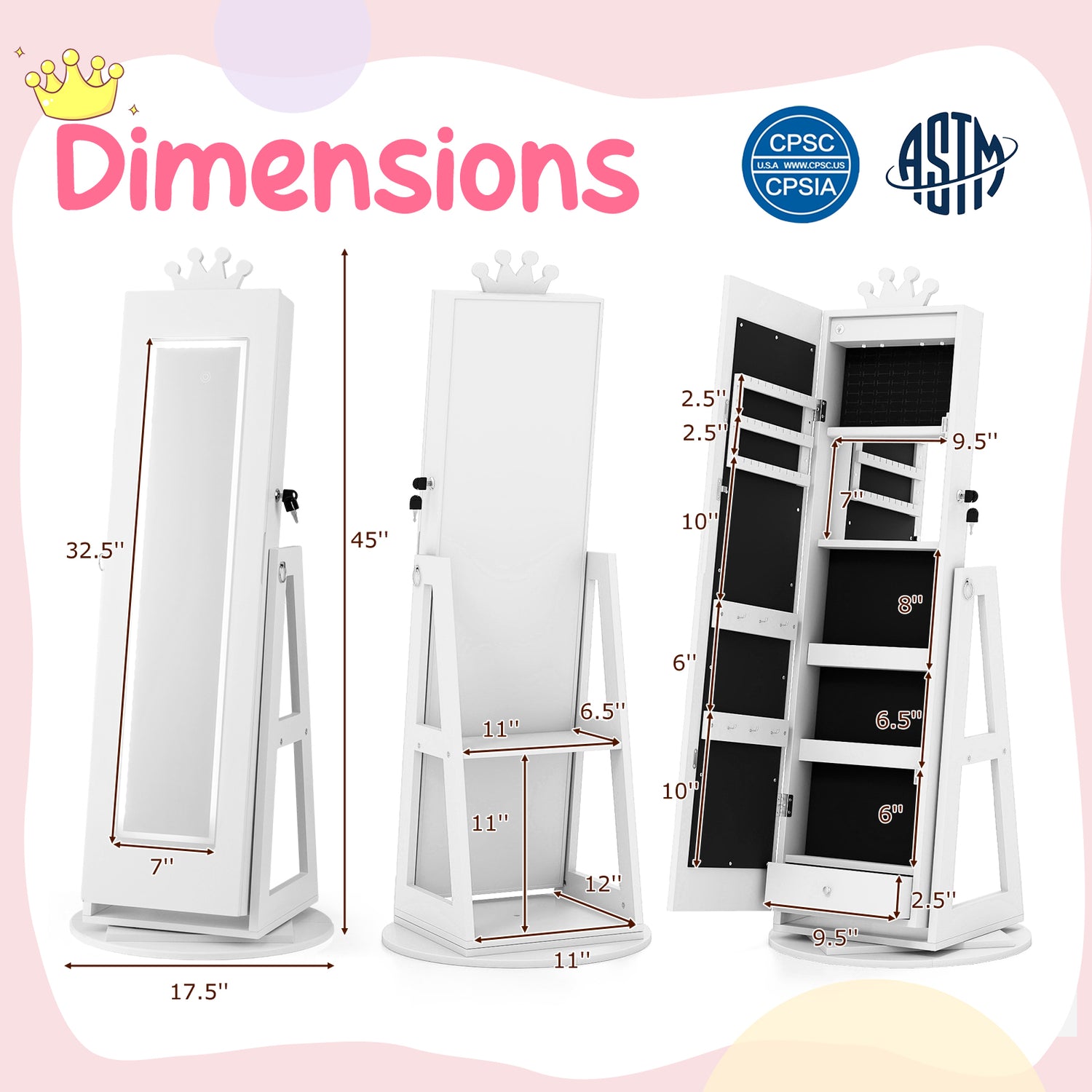 3 In 1 Kids Jewelry Cabinet with 3-Color Lighted Full Length Mirror and Internal Mirror