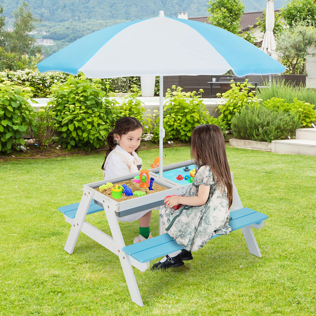 3-in-1 Kids Outdoor Picnic Water Sand Table with Umbrella Play Boxes