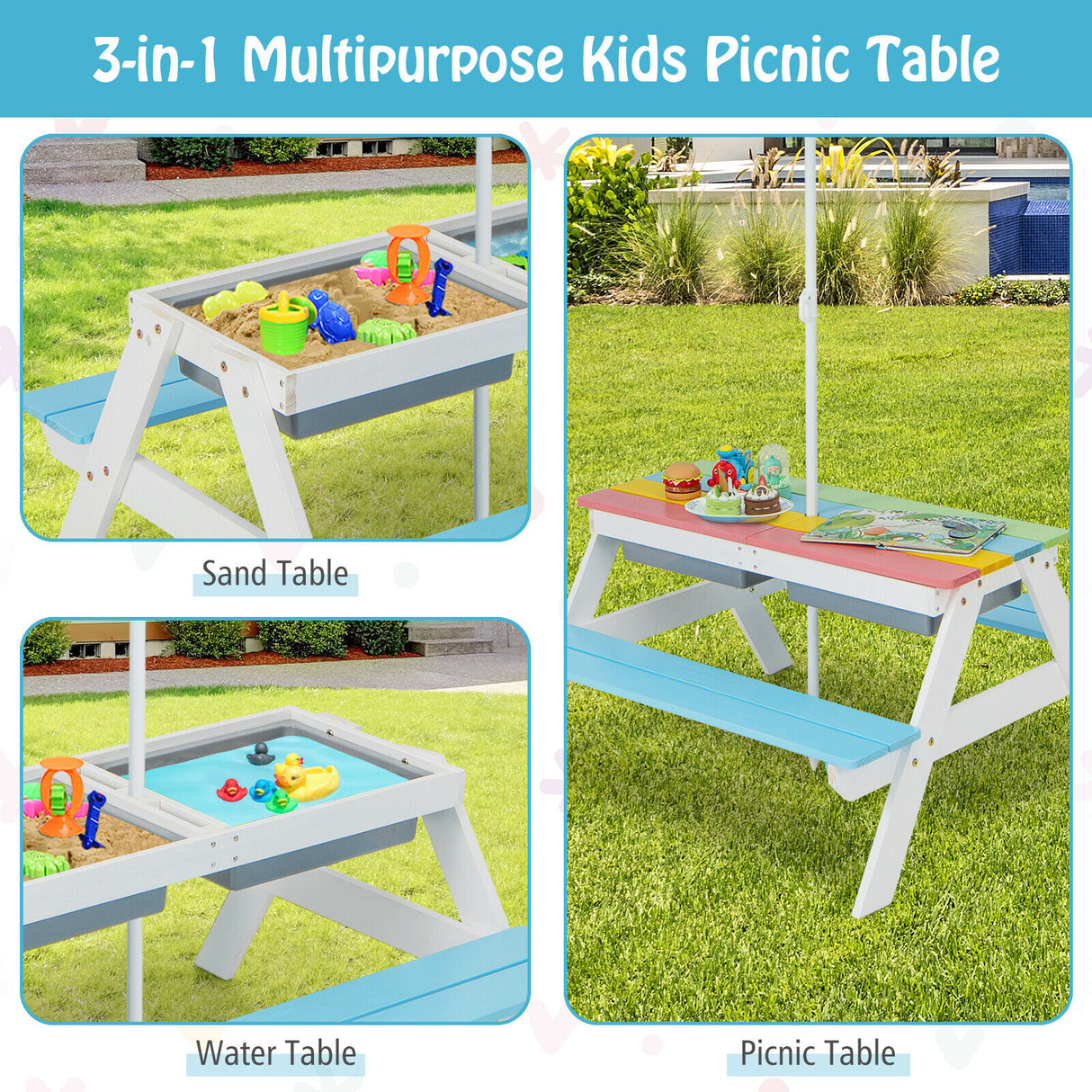 3-in-1 Kids Outdoor Picnic Water Sand Table with Umbrella Play Boxes