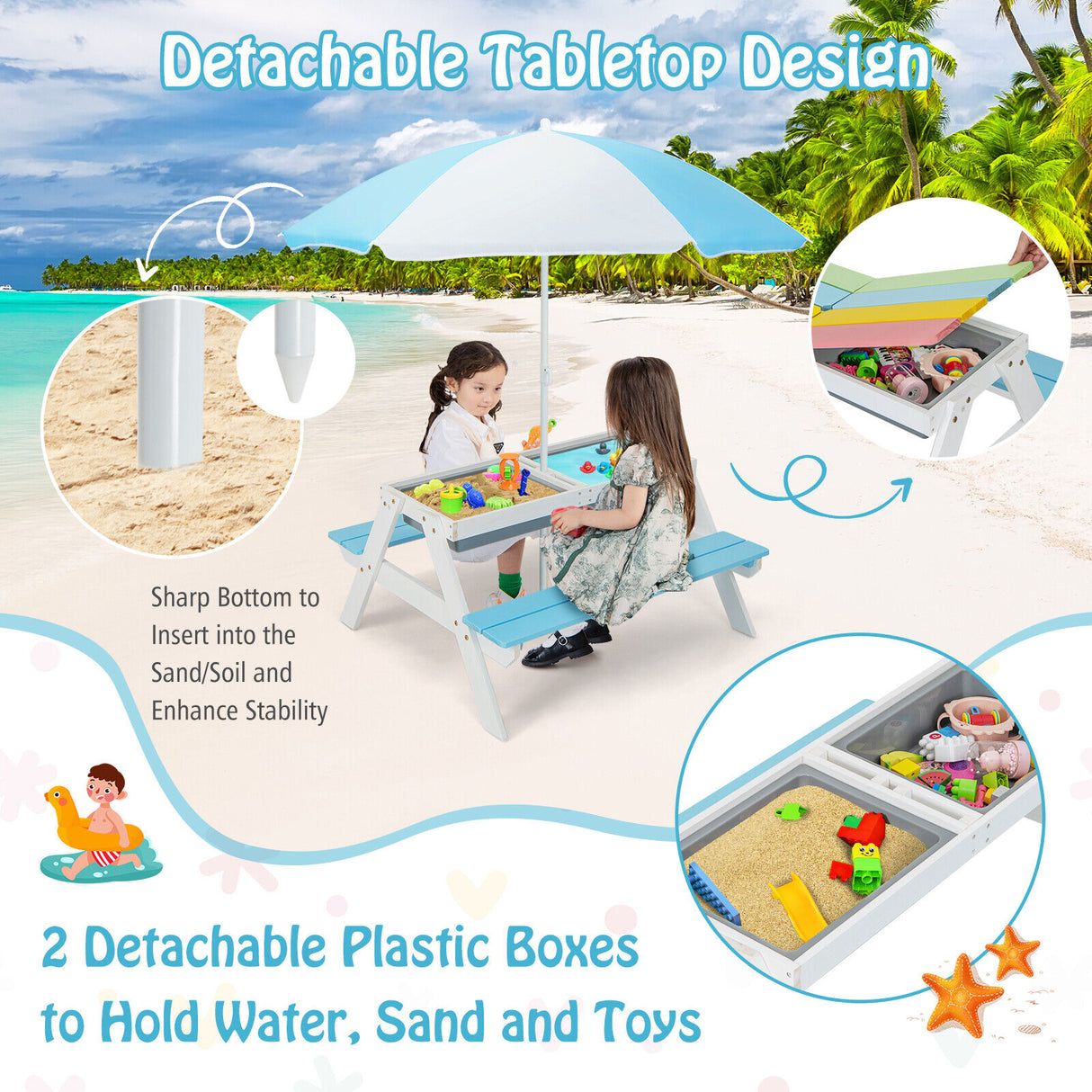 3-in-1 Kids Outdoor Picnic Water Sand Table with Umbrella Play Boxes