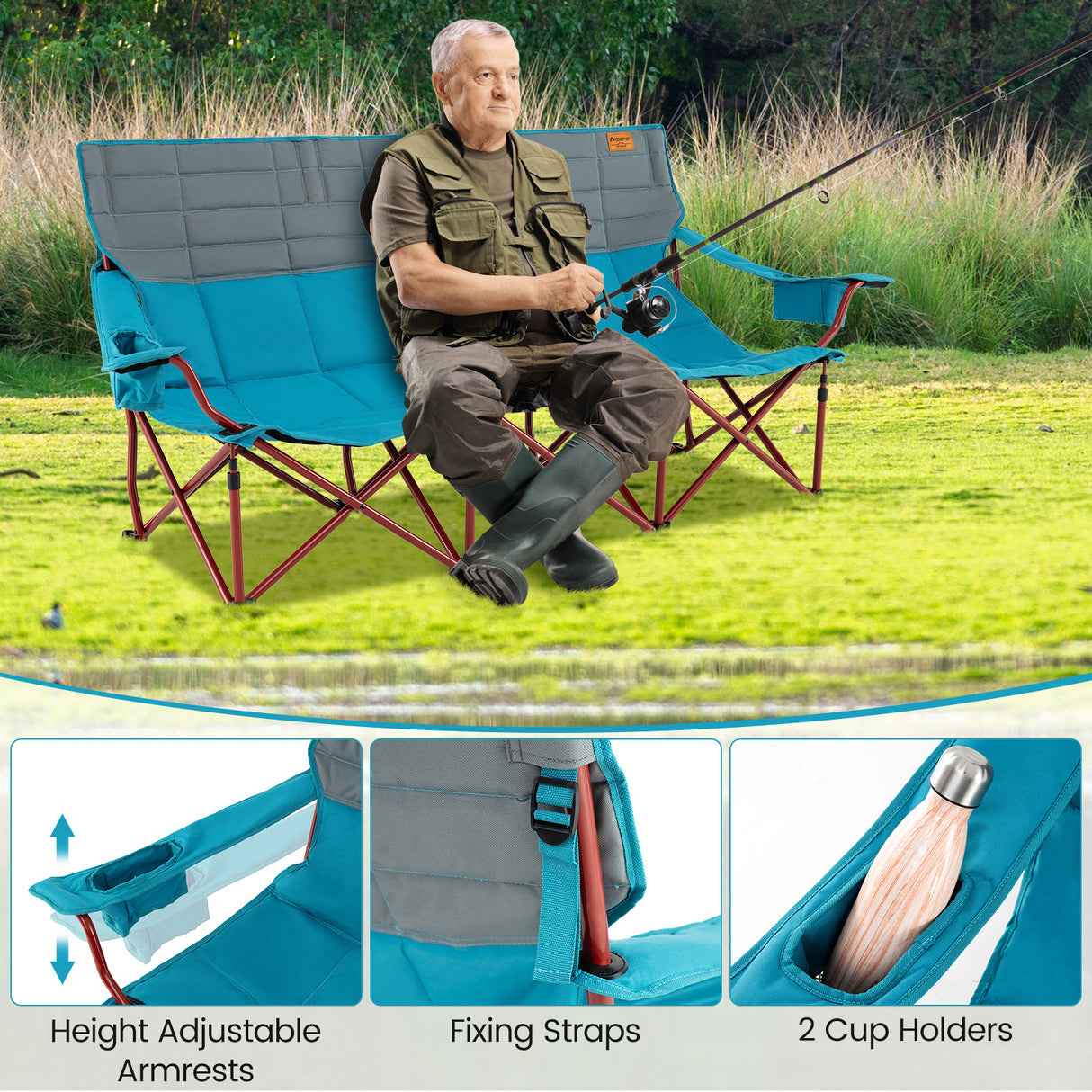 3 Person Folding Camping Chair with 2 Cup Holders Cotton Padding & Storage Bag