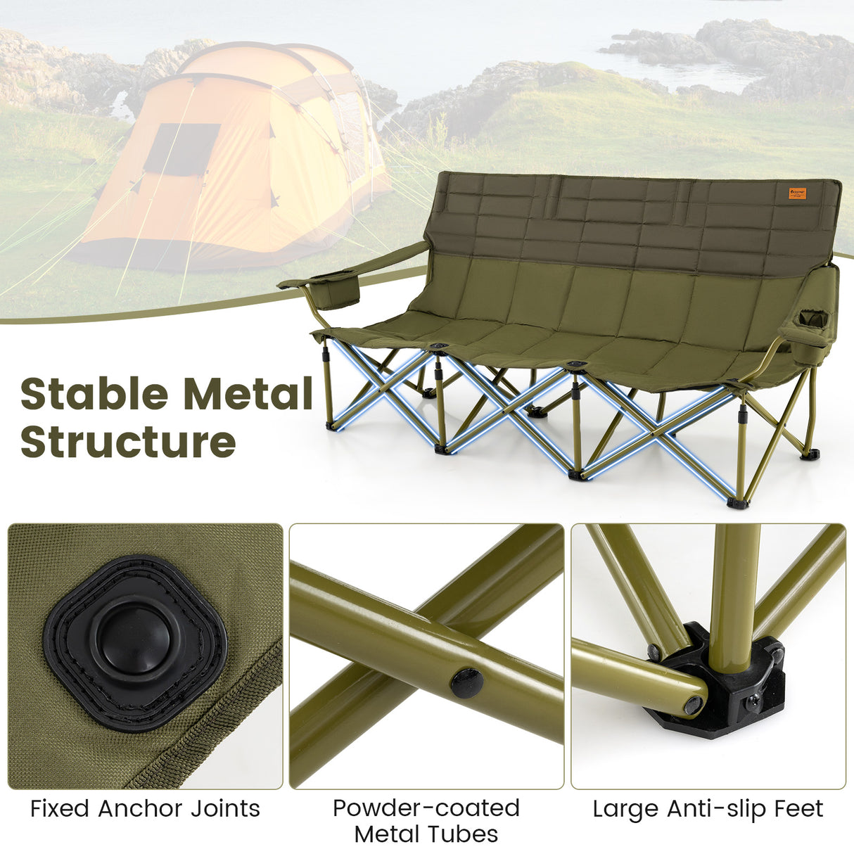 3 Person Folding Camping Chair with 2 Cup Holders Cotton Padding & Storage Bag