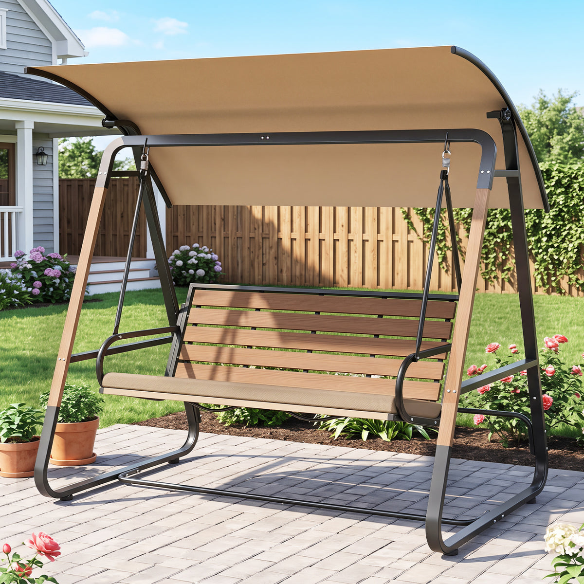 3-Person Porch Swing Outdoor Swing with Adjustable Canopy