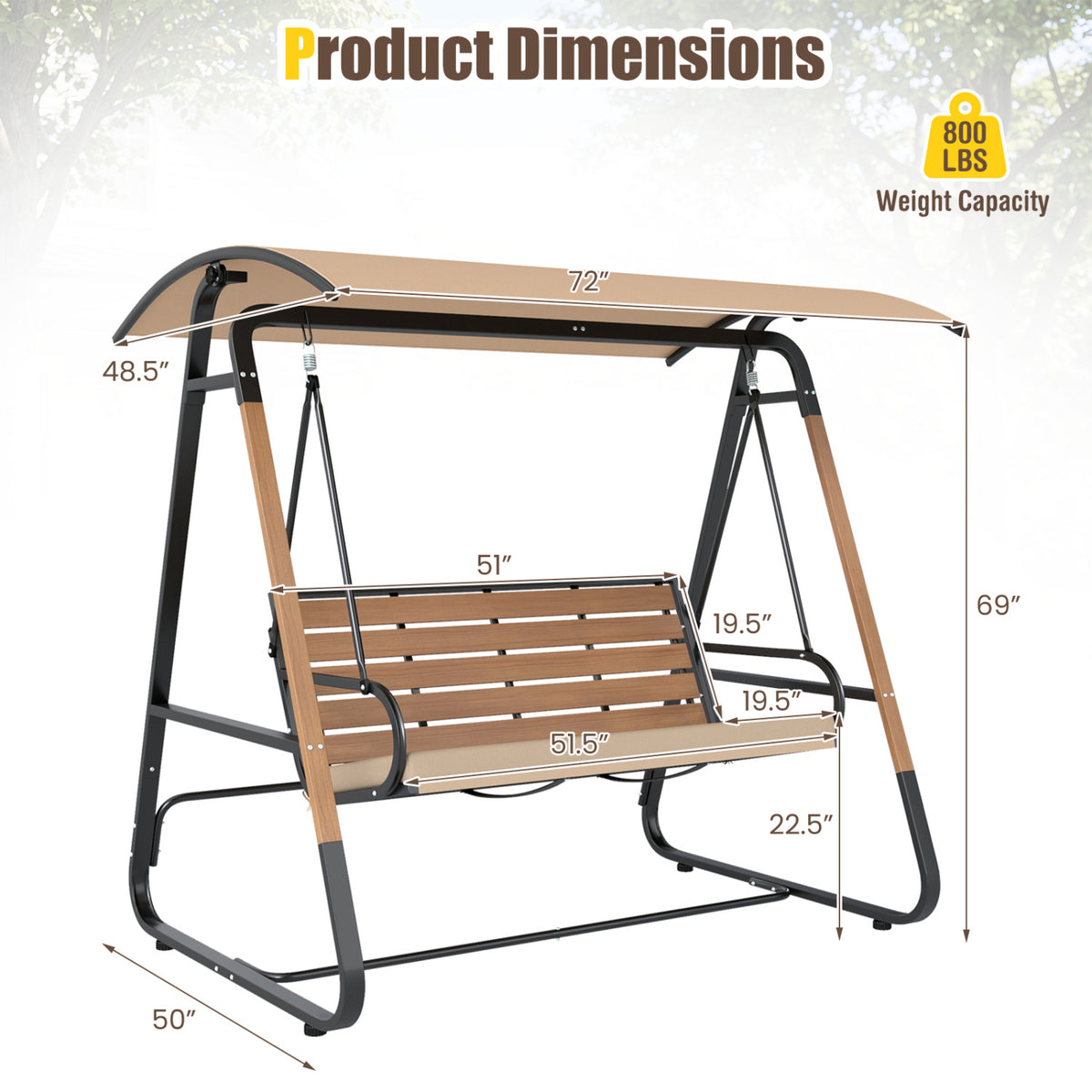 3-Person Porch Swing Outdoor Swing with Adjustable Canopy