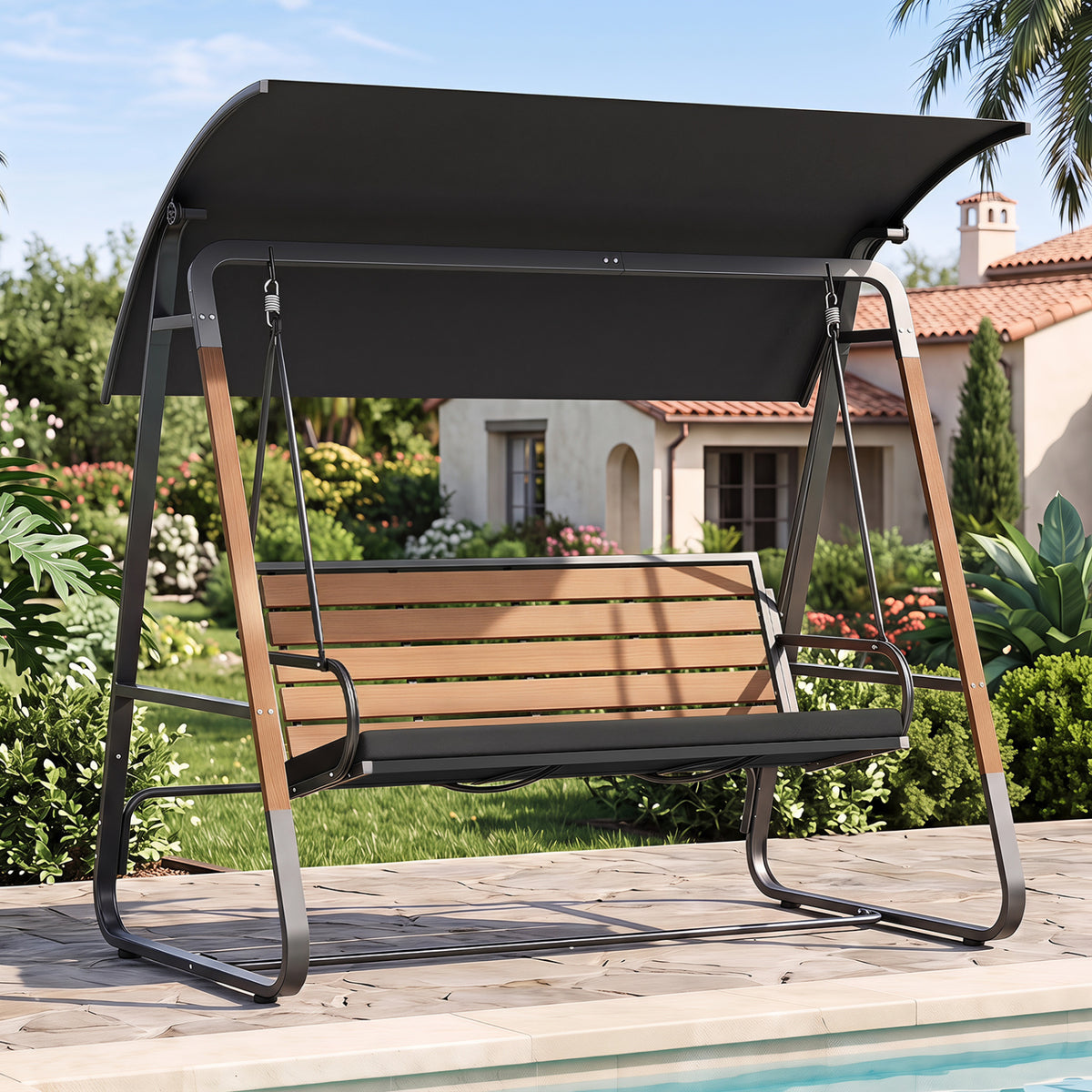 3-Person Porch Swing Outdoor Swing with Adjustable Canopy