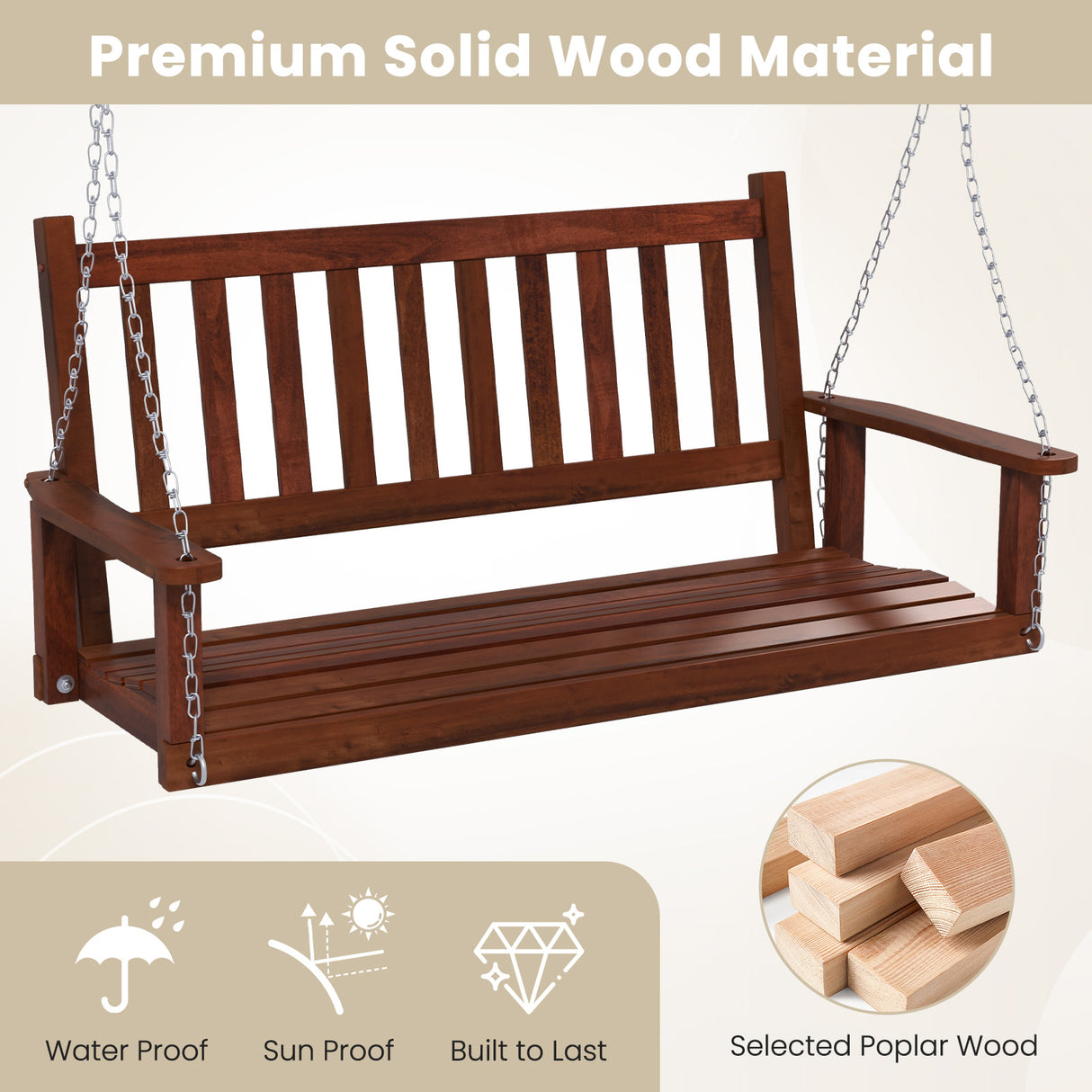 3-Person Wooden Outdoor Porch Swing with 800 lbs Weight Capacity