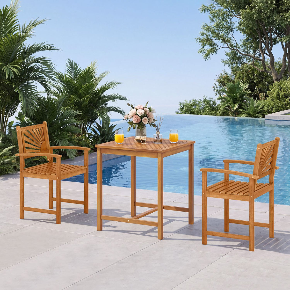 3-Piece Acacia Wood Patio Dining Set with Slatted Surface and Hollow Back