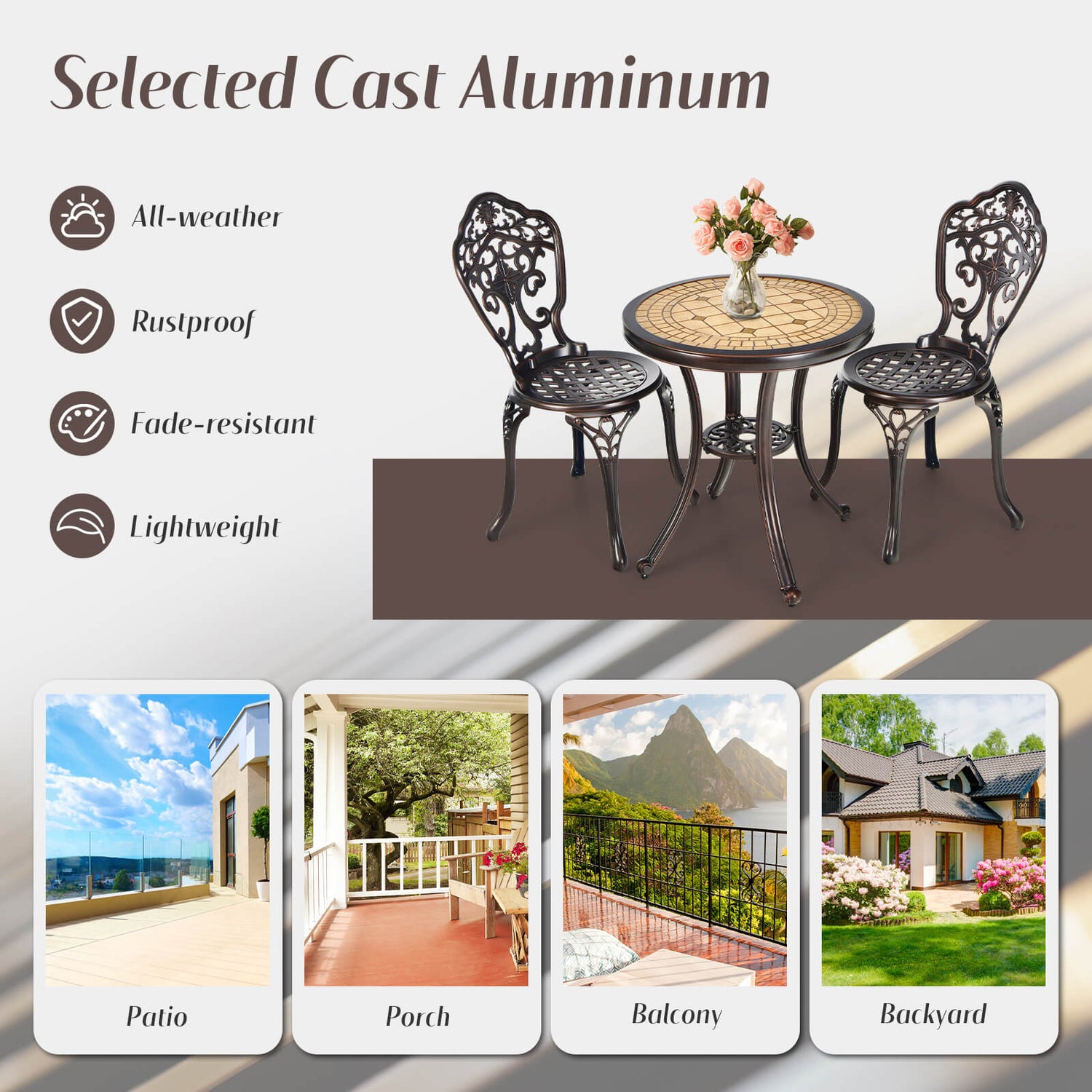 3-Piece All-Weather Cast Aluminum Patio Bistro Set-Copper