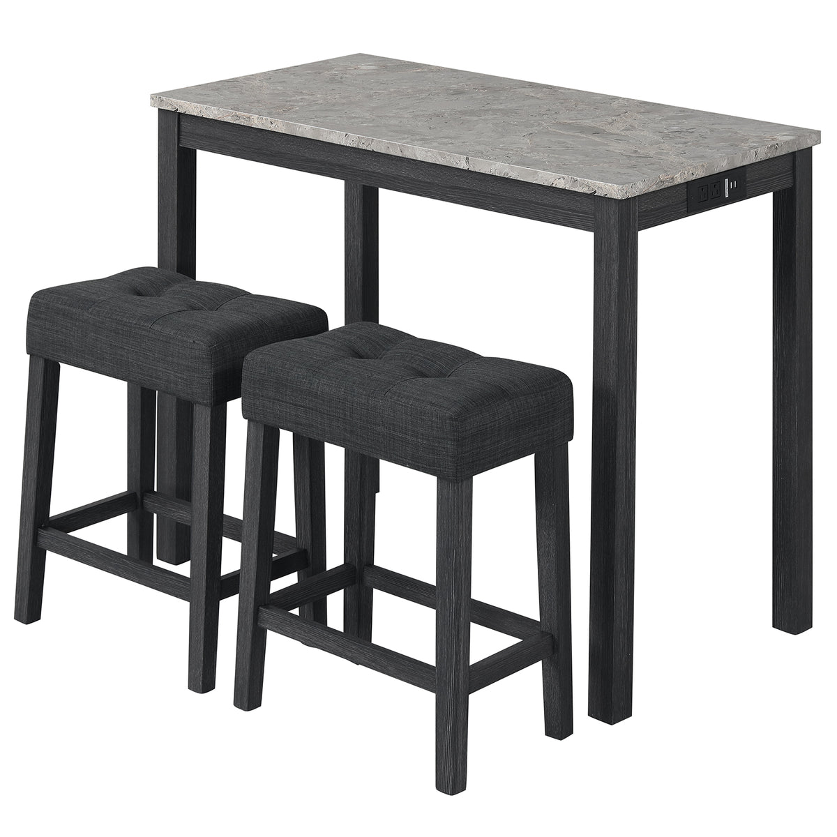 3-Piece Bar Table Set with Charging Station and Faux Marble Top