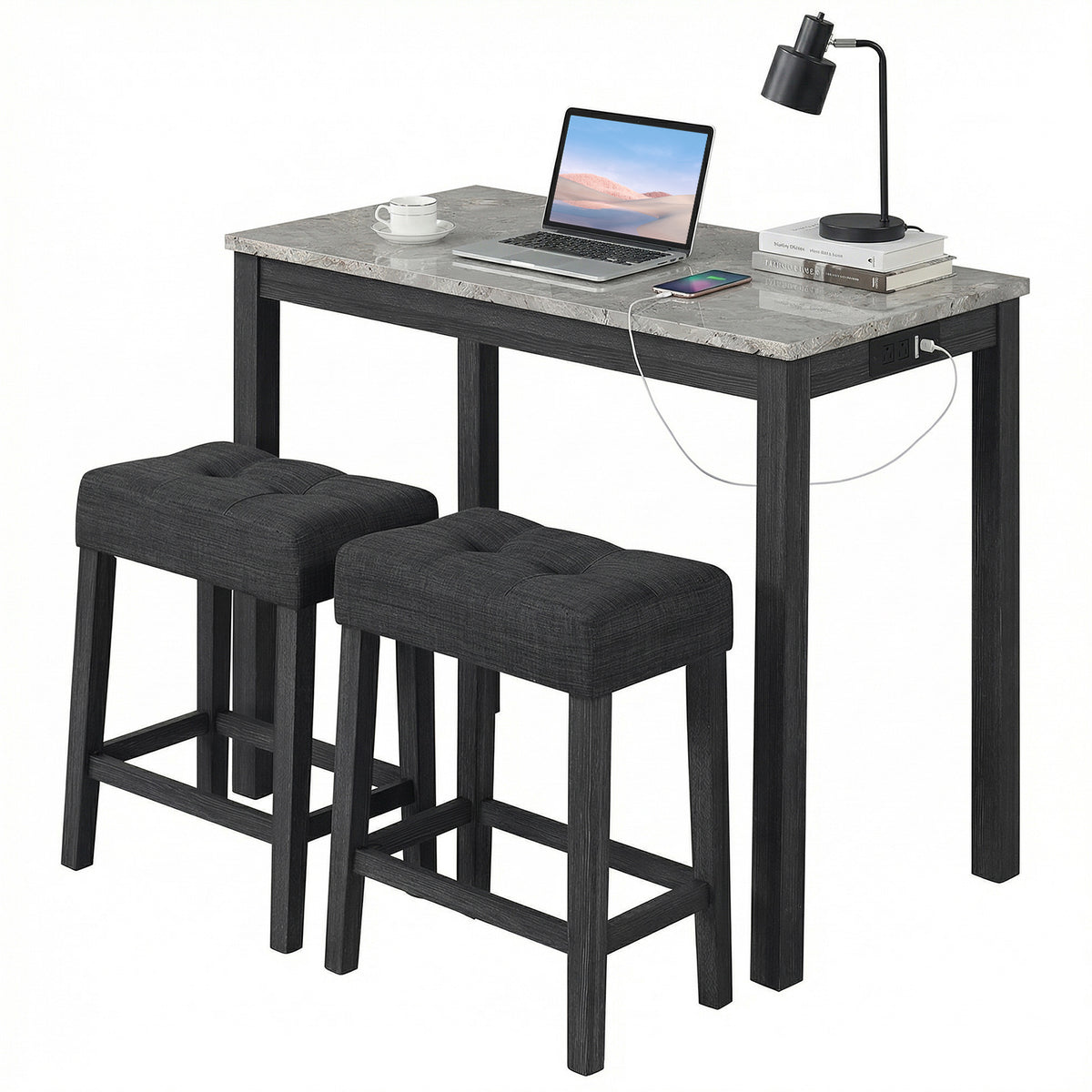 3-Piece Bar Table Set with Charging Station and Faux Marble Top