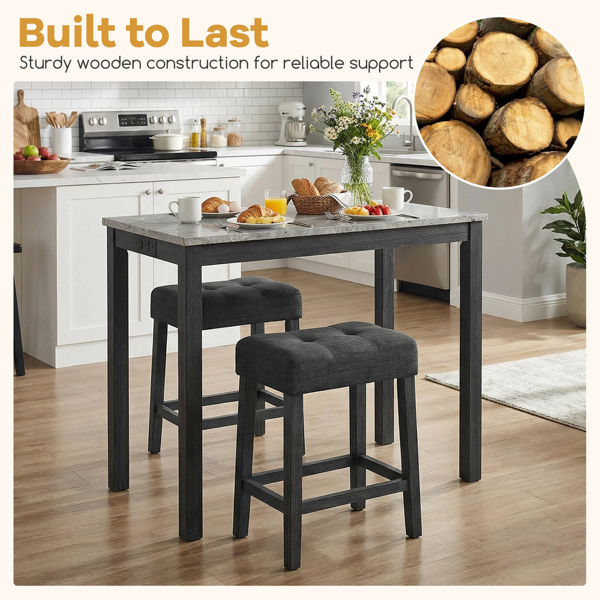 3-Piece Bar Table Set with Charging Station and Faux Marble Top