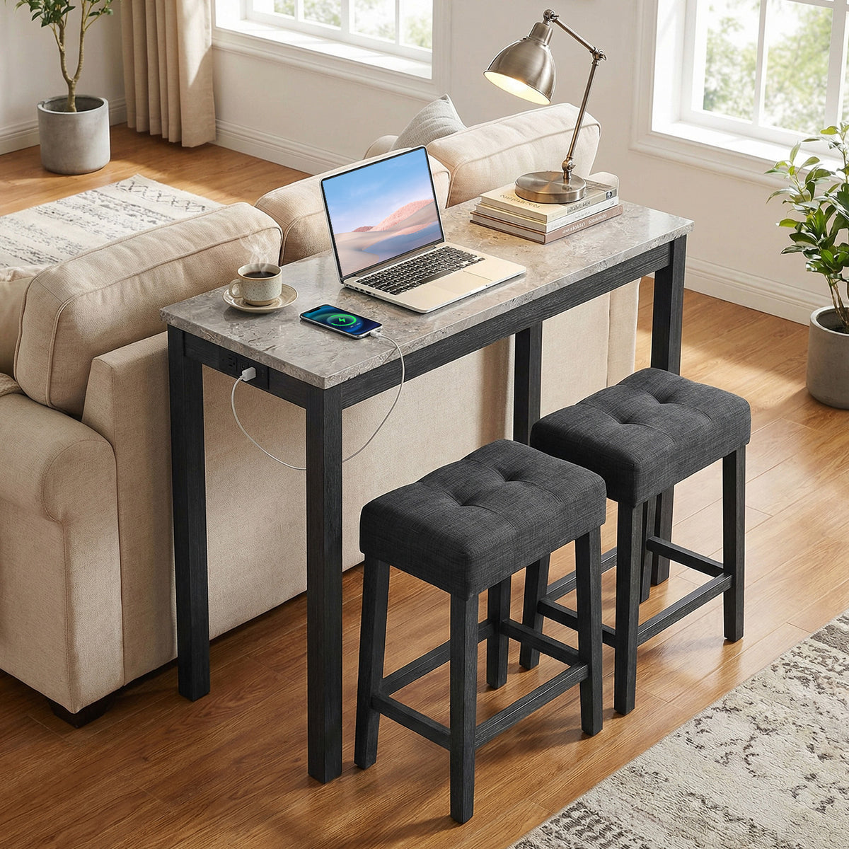 3-Piece Bar Table Set with Charging Station and Faux Marble Top