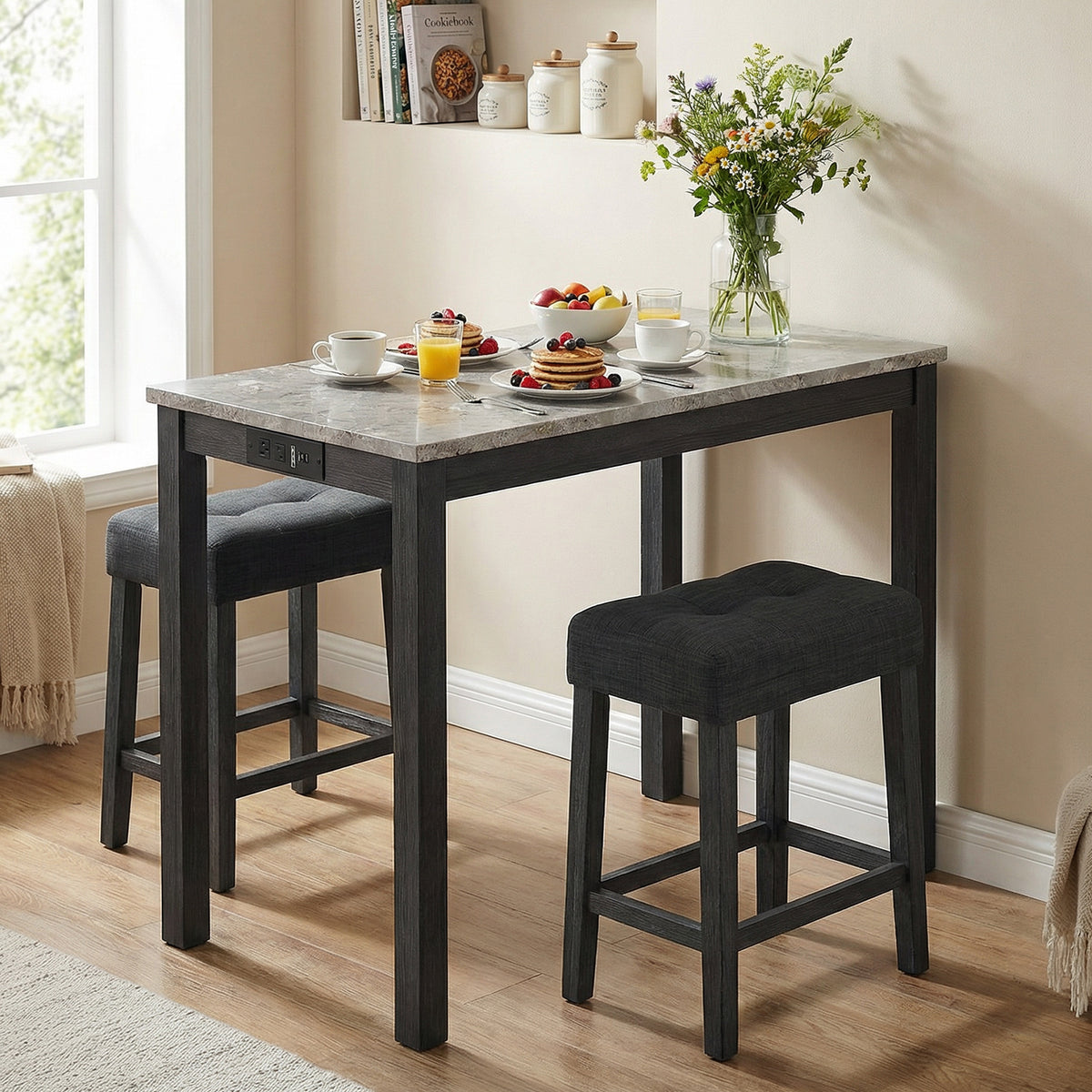 3-Piece Bar Table Set with Charging Station and Faux Marble Top