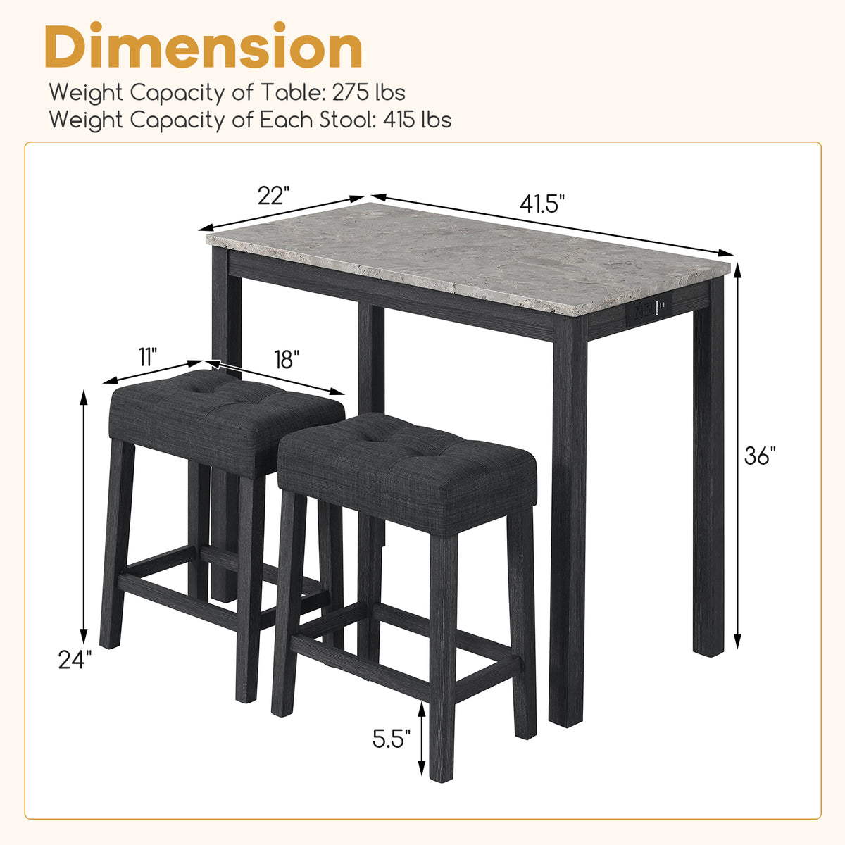 3-Piece Bar Table Set with Charging Station and Faux Marble Top