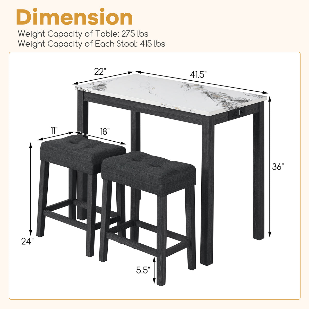 3-Piece Bar Table Set with Charging Station and Faux Marble Top