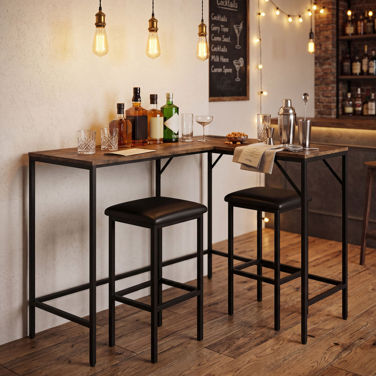 3-Piece Convertible L-Shaped Kitchen Table Chair Set with 2 AC Outlets USB Port and Type-C Port