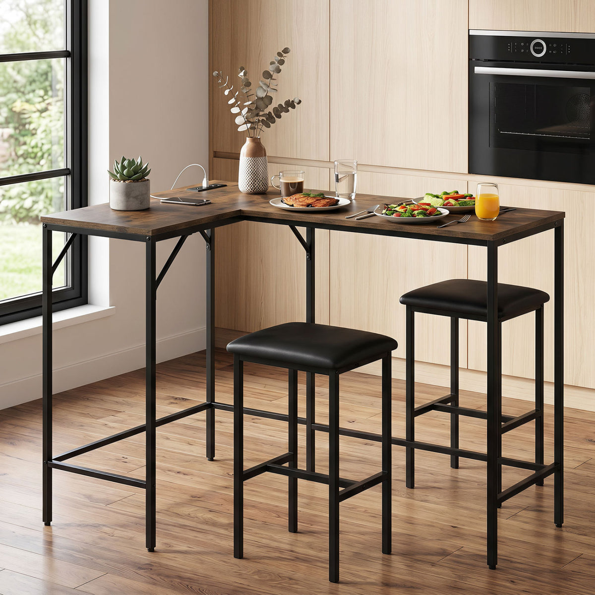 3-Piece Convertible L-Shaped Kitchen Table Chair Set with 2 AC Outlets USB Port and Type-C Port