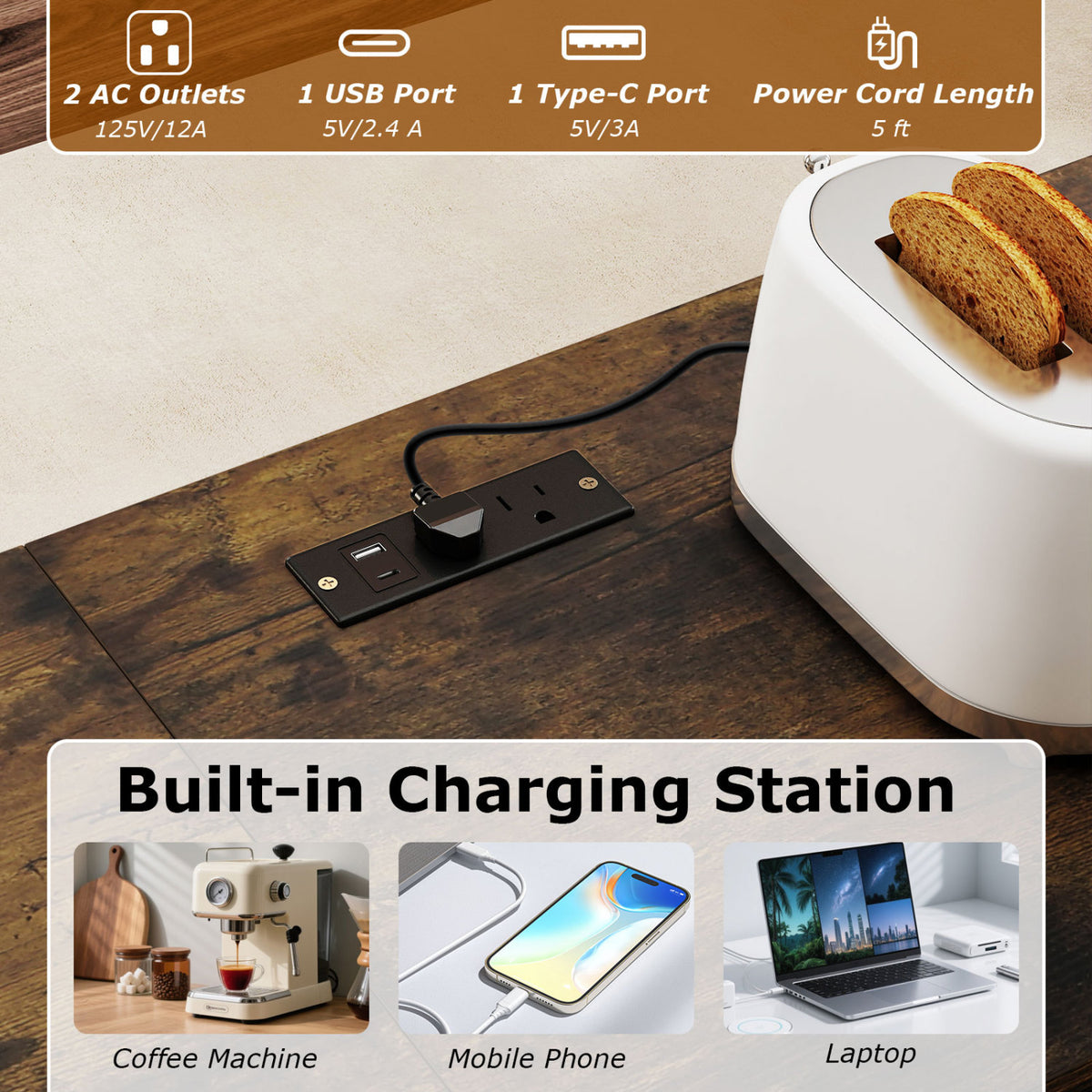 3-Piece Convertible L-Shaped Kitchen Table Chair Set with 2 AC Outlets USB Port and Type-C Port