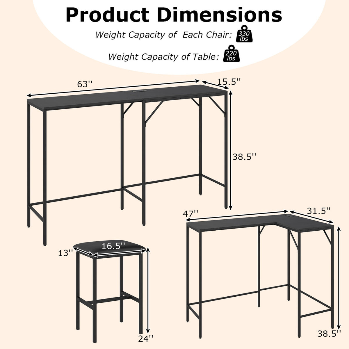 3-Piece Convertible L-Shaped Kitchen Table Chair Set with 2 AC Outlets USB Port and Type-C Port