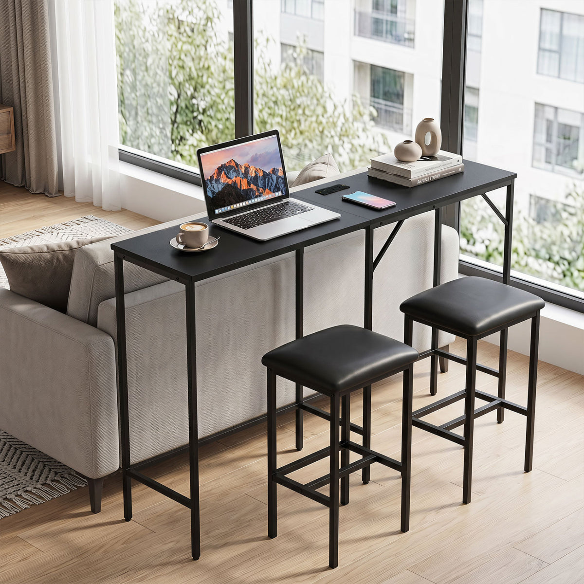 3-Piece Convertible L-Shaped Kitchen Table Chair Set with 2 AC Outlets USB Port and Type-C Port