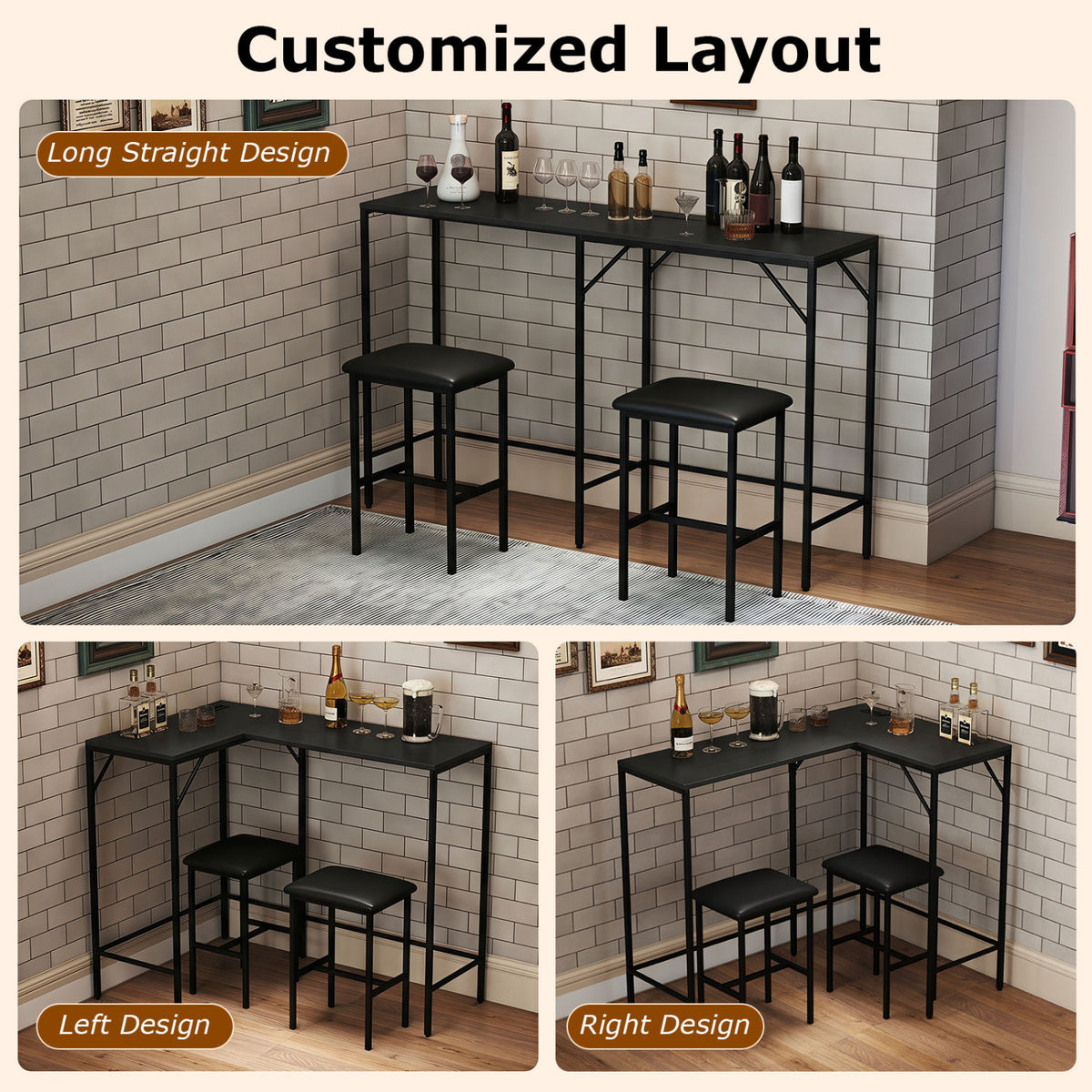 3-Piece Convertible L-Shaped Kitchen Table Chair Set with 2 AC Outlets USB Port and Type-C Port