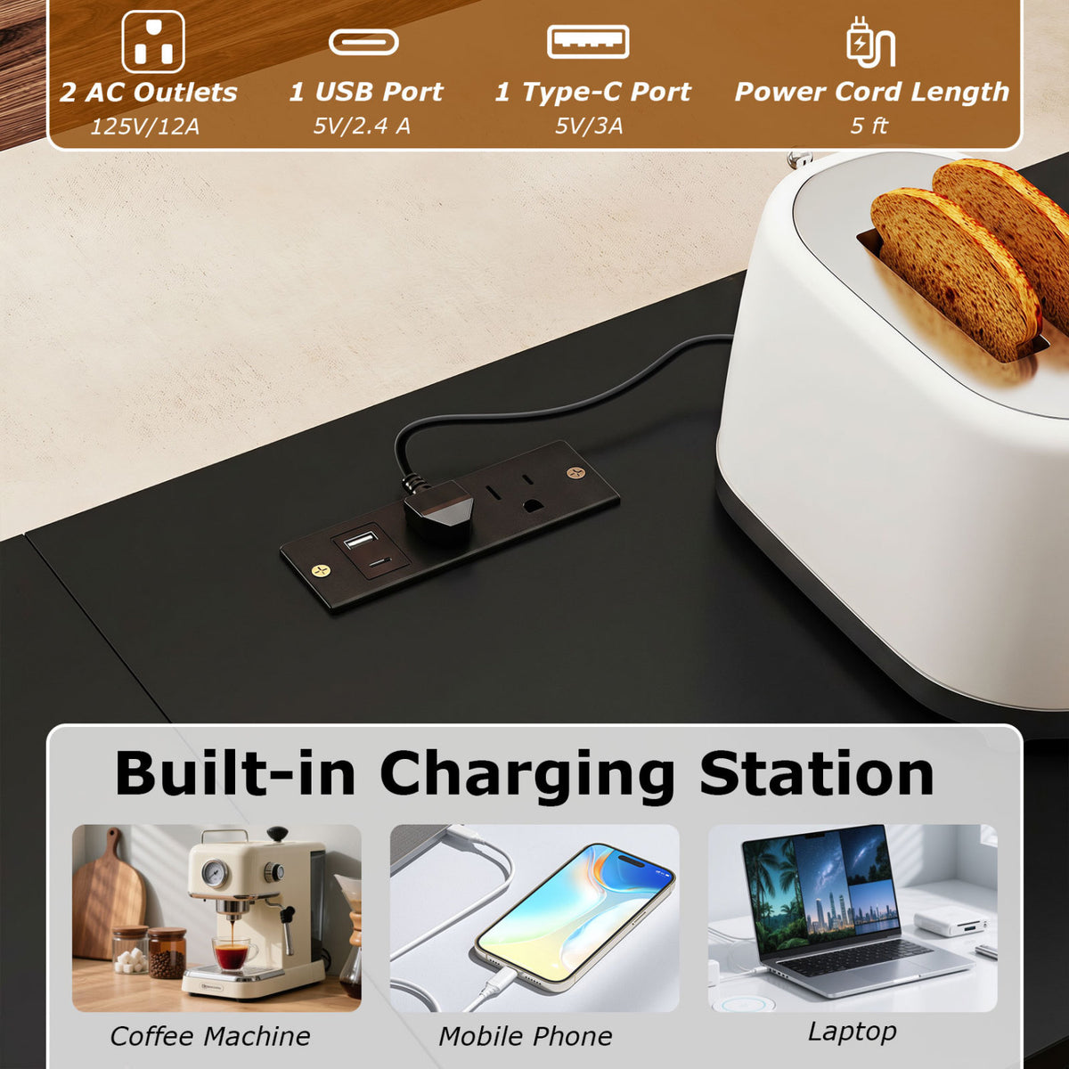 3-Piece Convertible L-Shaped Kitchen Table Chair Set with 2 AC Outlets USB Port and Type-C Port