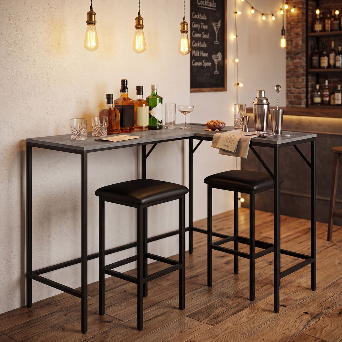 3-Piece Convertible L-Shaped Kitchen Table Chair Set with 2 AC Outlets USB Port and Type-C Port