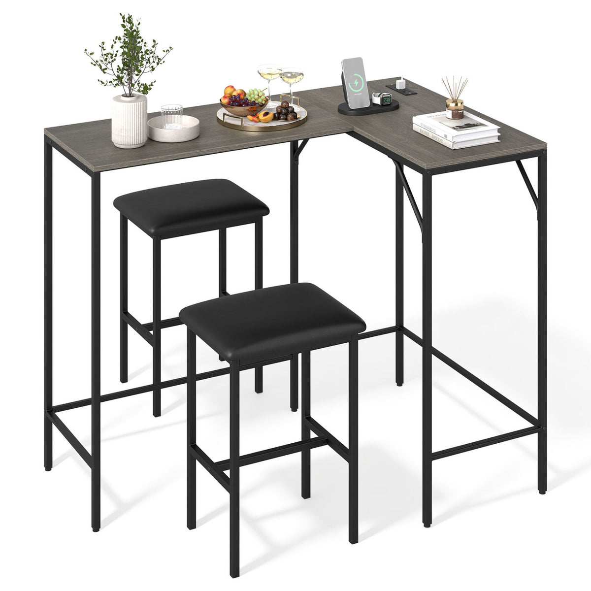 3-Piece Convertible L-Shaped Kitchen Table Chair Set with 2 AC Outlets USB Port and Type-C Port
