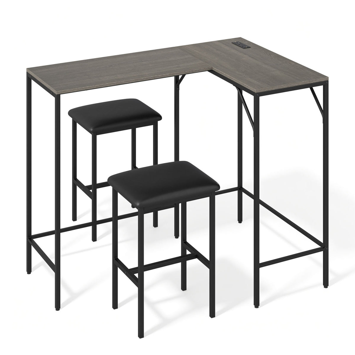3-Piece Convertible L-Shaped Kitchen Table Chair Set with 2 AC Outlets USB Port and Type-C Port