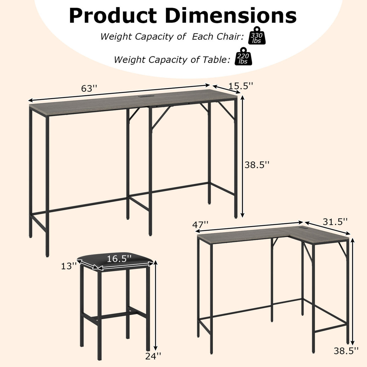3-Piece Convertible L-Shaped Kitchen Table Chair Set with 2 AC Outlets USB Port and Type-C Port