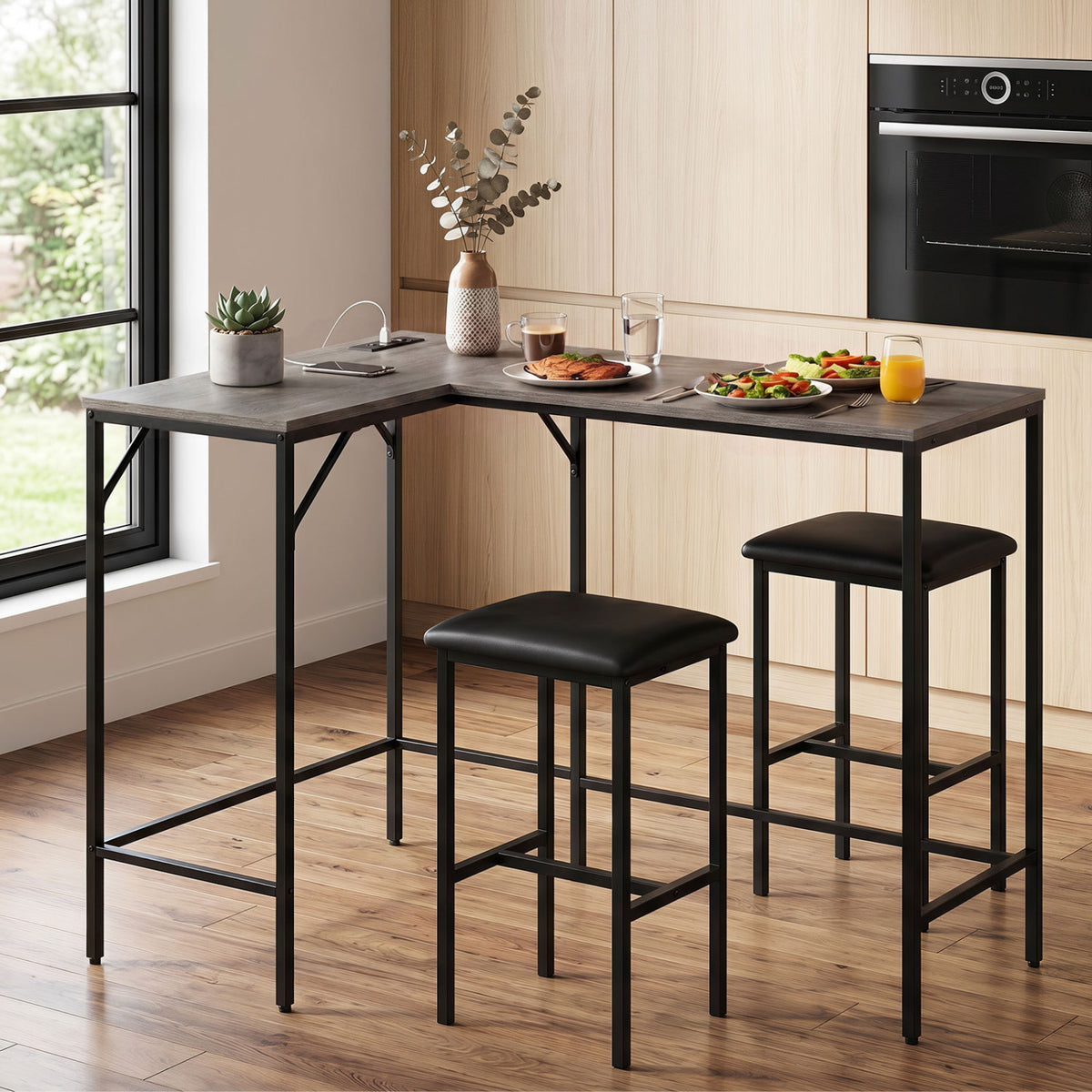3-Piece Convertible L-Shaped Kitchen Table Chair Set with 2 AC Outlets USB Port and Type-C Port