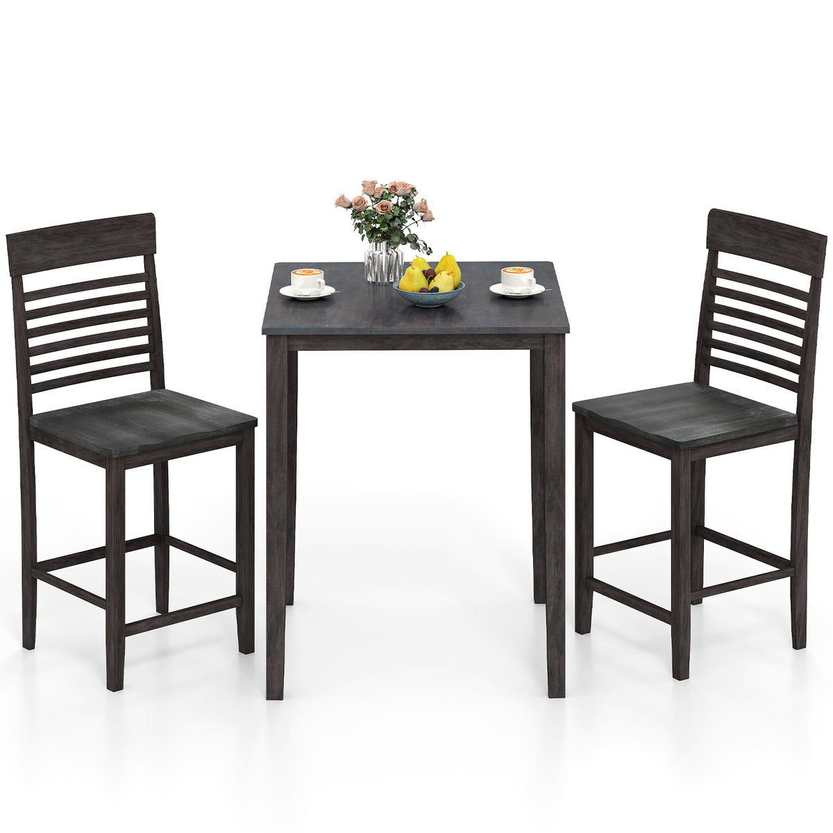 3-Piece Counter-Height Dining Table Set for 2 with Rubber Wood Frame and Footrest