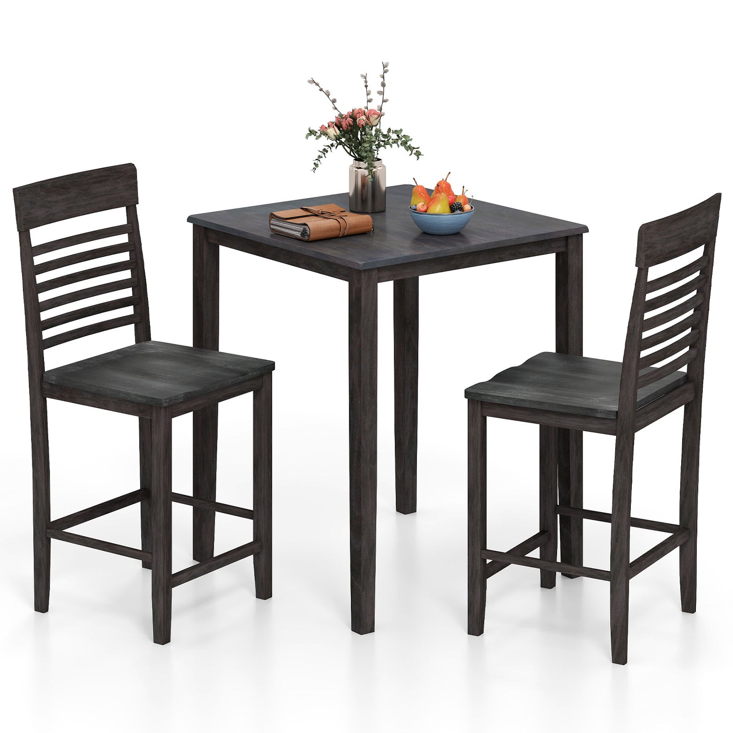 3-Piece Counter-Height Dining Table Set for 2 with Rubber Wood Frame and Footrest