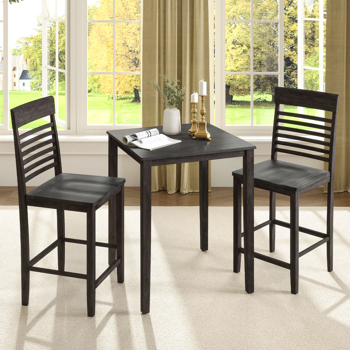 3-Piece Counter-Height Dining Table Set for 2 with Rubber Wood Frame and Footrest