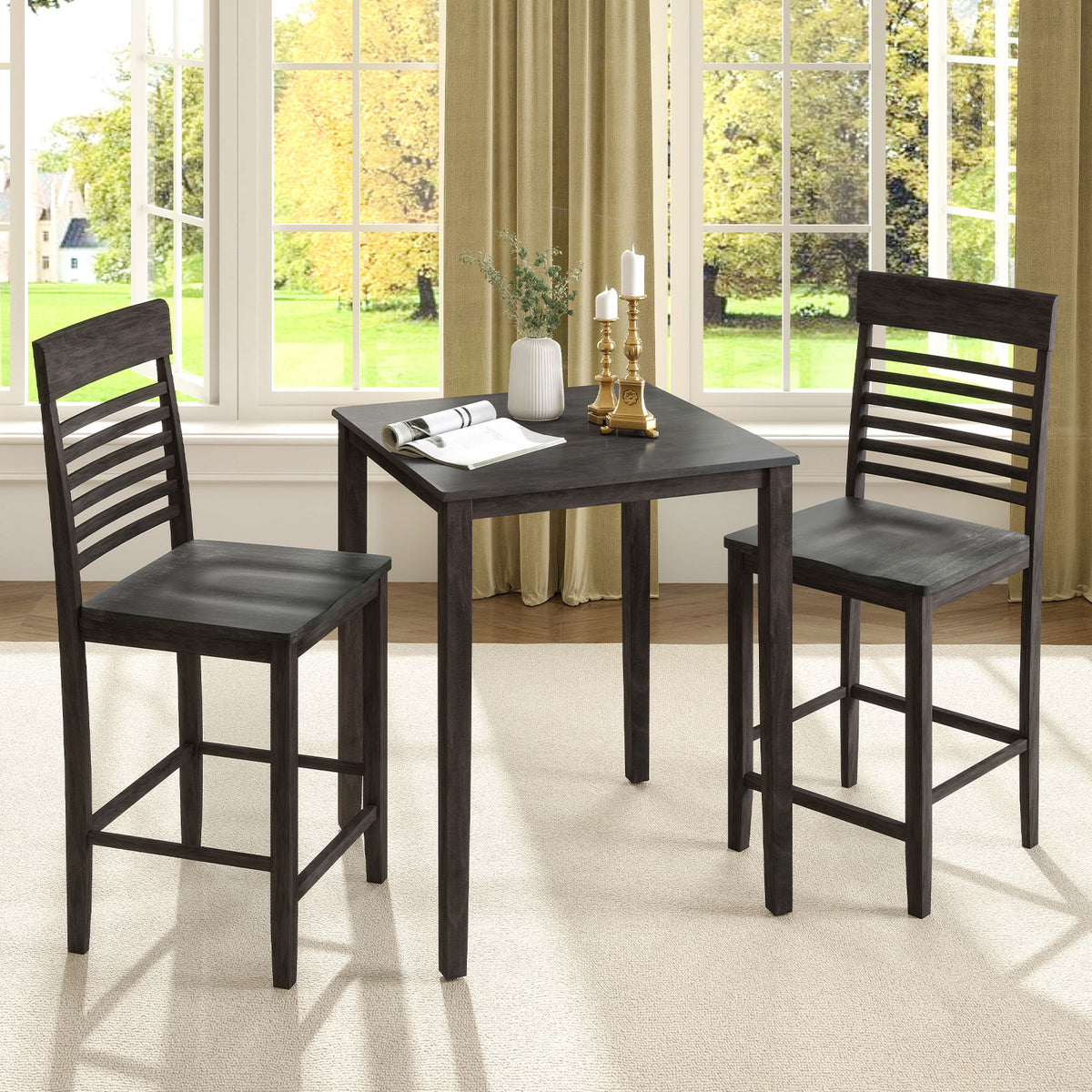 3-Piece Counter-Height Dining Table Set for 2 with Rubber Wood Frame and Footrest