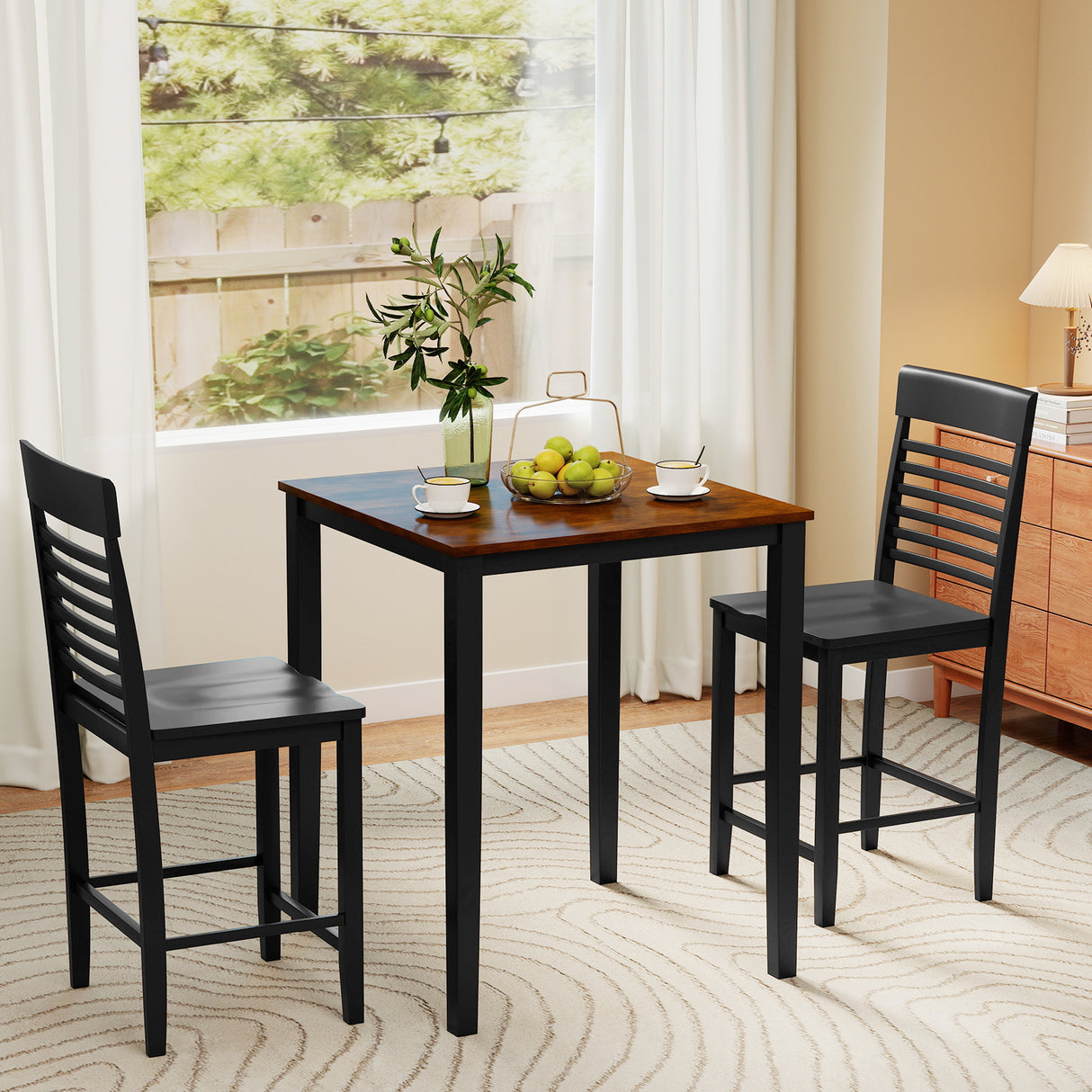 3-Piece Counter-Height Dining Table Set for 2 with Rubber Wood Frame and Footrest
