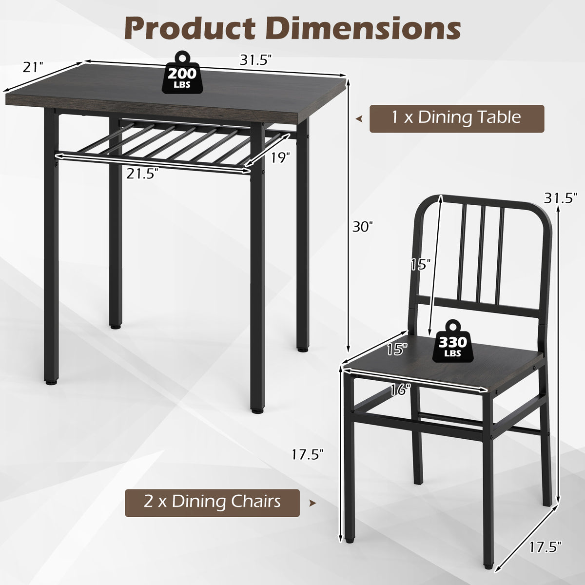 3-Piece Dining Table Set with Rectangular Kitchen Table and 2 Chairs
