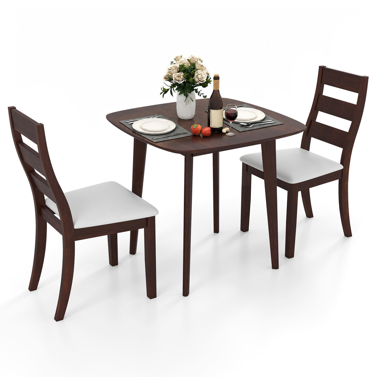 3-Piece Dining Table Set with Wooden Square Kitchen Table and 2 Chairs-Walnut
