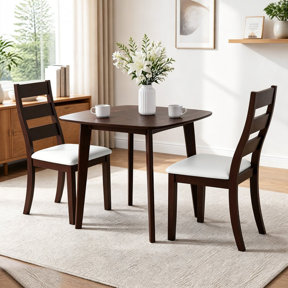 3-Piece Dining Table Set with Wooden Square Kitchen Table and 2 Chairs-Walnut