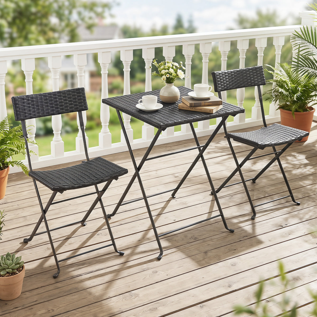 3-Piece Folding Bistro Set with PE Wicker and X-Shaped Metal Frame-Black