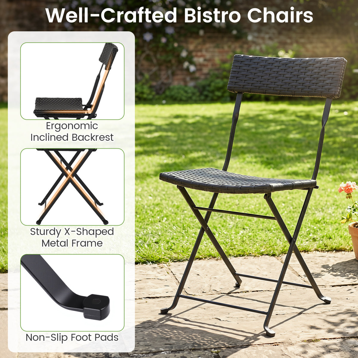 3-Piece Folding Bistro Set with PE Wicker and X-Shaped Metal Frame-Black